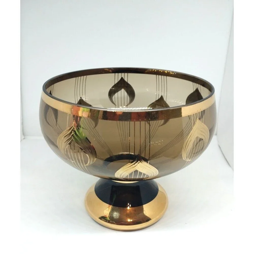 Vintage Large 1970's Murmac Bohemia Glass and Gold Fruit Pedestal Bowl